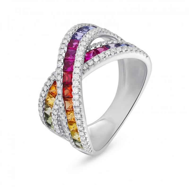 18k white gold 1.98 ct. tw. rainbow sapphire 0.58 ct. tw. crossover diamond ring 29652538608090 95b5df68f2