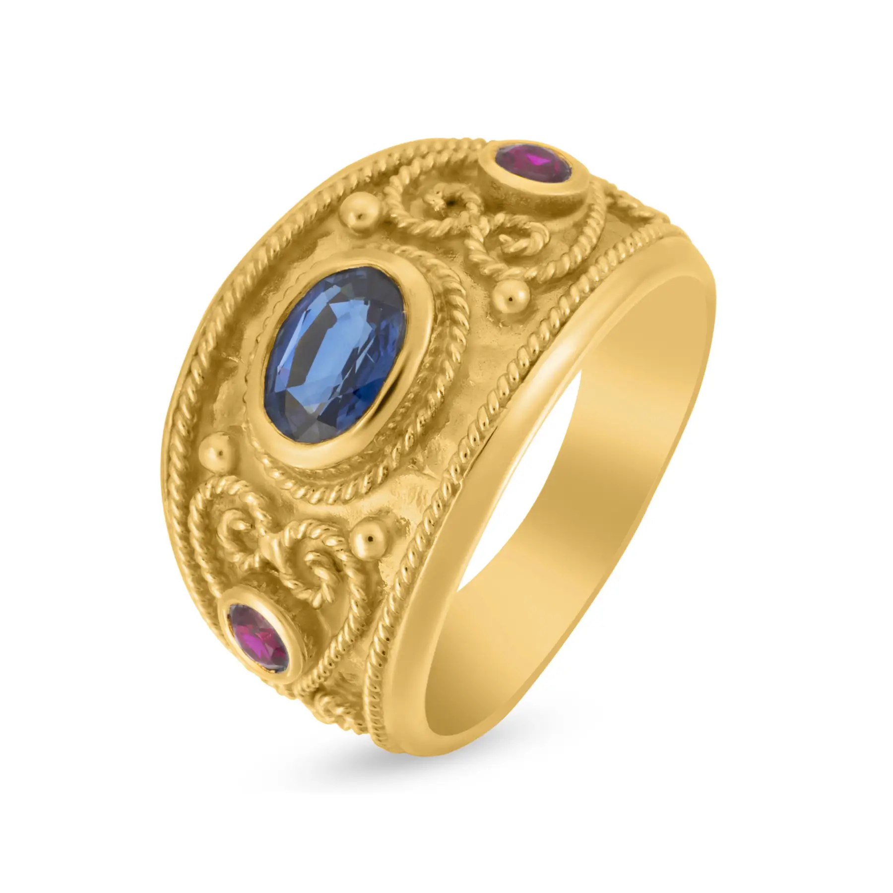 18k yellow gold blue sapphire and rubies byzantine design ring 43651130849517