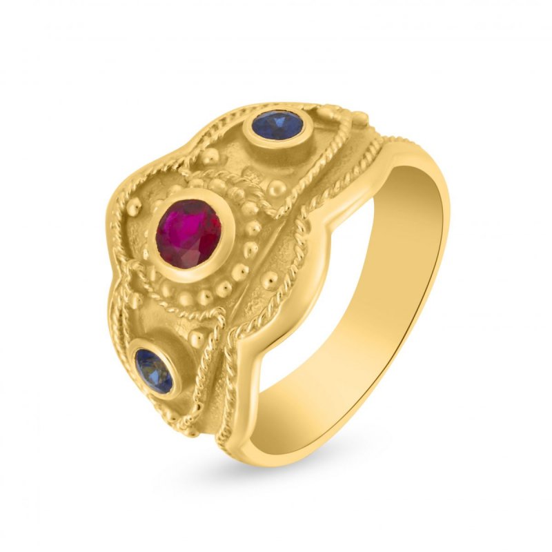18k yellow gold ruby and blue sapphires byzantine design ring 70120988312925 efc7df026b